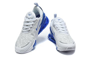 Top and front views of the white and blue Nike Air Max 270 Premium sneakers.