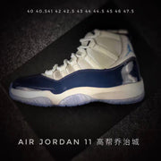 Side profile of the navy and white high-top sneaker with visible size text above the shoe.