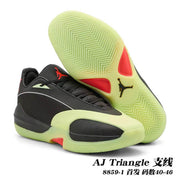 Black and lime Jordan AJ Triangle shoes shown with the patterned outsole and coral accents; image text lists sizes 40–46.