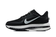Side profile of a black Nike Pegasus running shoe with a white Swoosh, white midsole, and visible Air Zoom element.