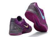 Purple Nike Ja 2 shoes with turquoise accents shown from rear and outsole angles