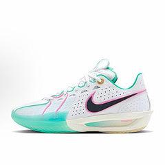 White Nike basketball sneaker with mint-green accents, pink detailing, and a black Swoosh.
