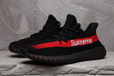 Yeezy 350 V2 Black Red Knit Sneakers with Supreme Detail
