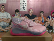 Side profile of a pink high-top sneaker showing the Nike Swoosh, layered panels, gray midsole section, and bright pink outsole.