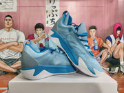 Pair of sky-blue basketball sneakers displayed from the side, with blue accents and white soles.