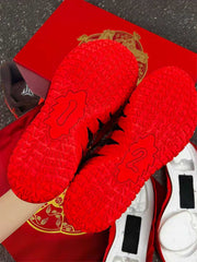 Close-up of red patterned outsoles over a red box with gold horse artwork.