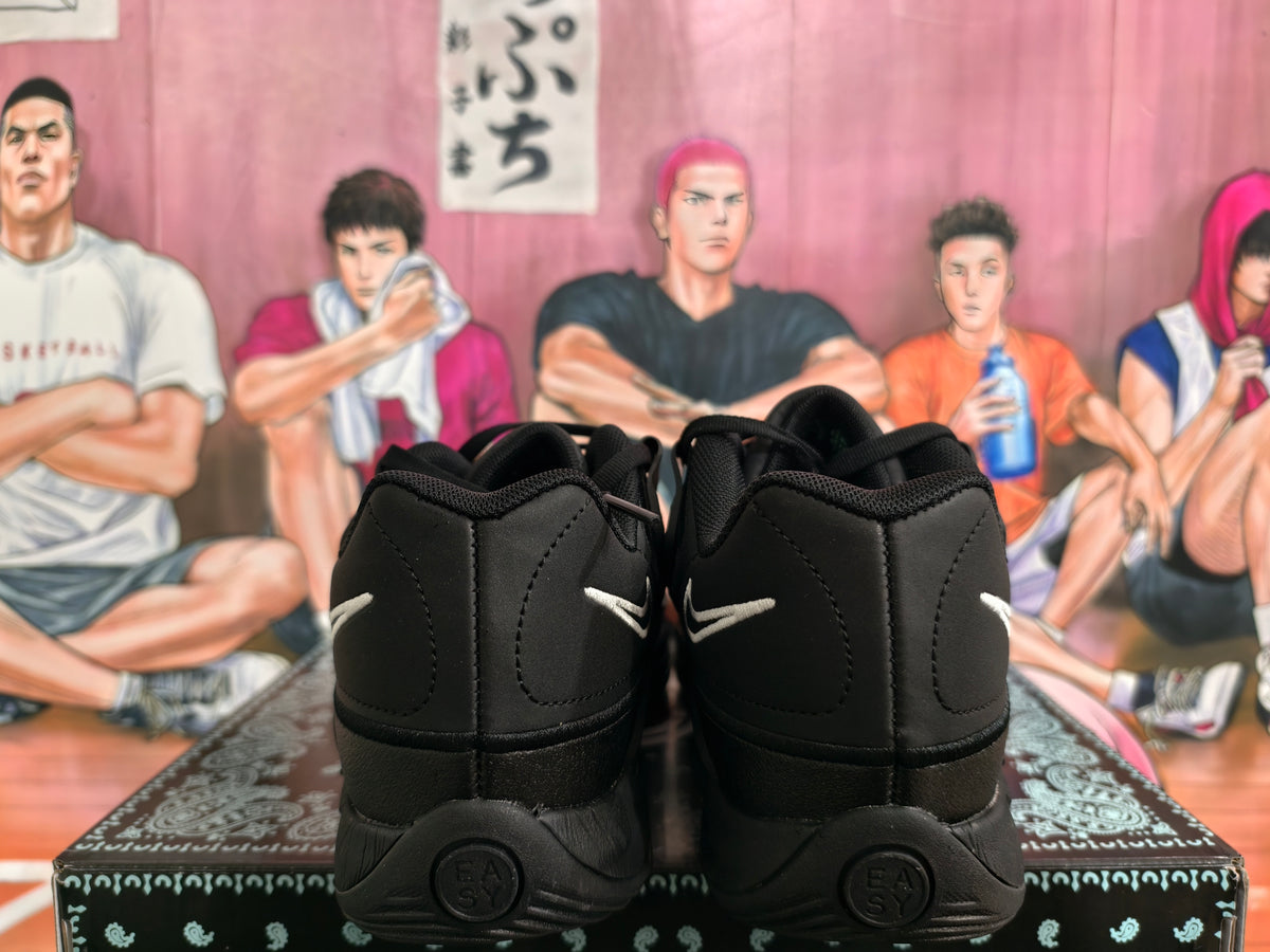 Rear view of black Nike sneakers with white Swoosh logos and a basketball-themed backdrop