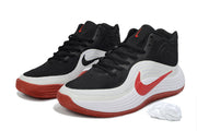 Pair of black, white and red Nike Precision 8 basketball shoes shown from the front and side.