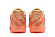 Rear view showing the patterned orange upper and translucent orange heel sections.