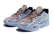 Pair of blue-gray camouflage Nike Ja 2 basketball shoes with brown laces