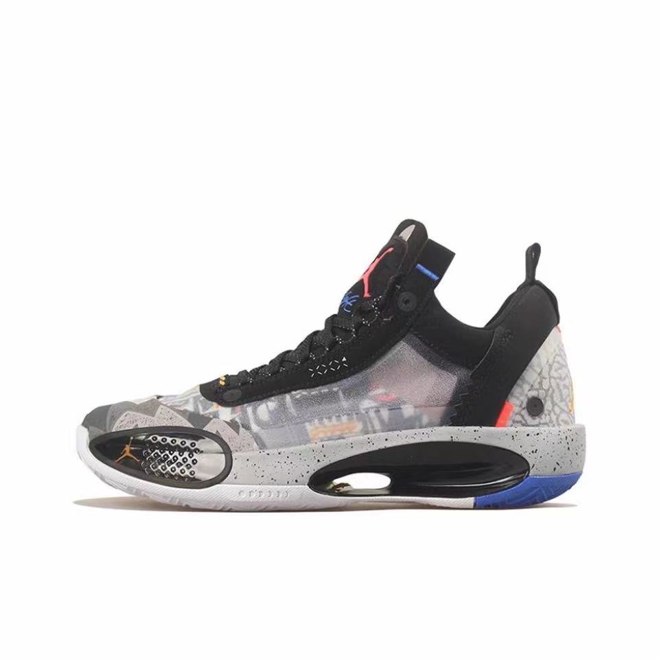 Air Jordan 34 basketball shoe in black, grey, and translucent white with blue and red accents.