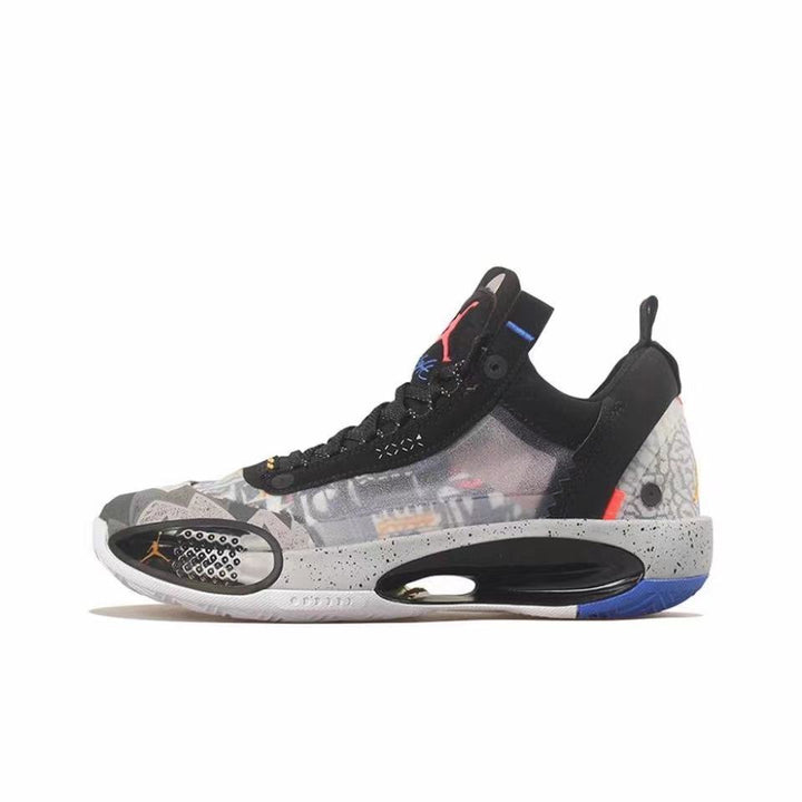 Air Jordan 34 basketball shoe in black, grey, and translucent white with blue and red accents.