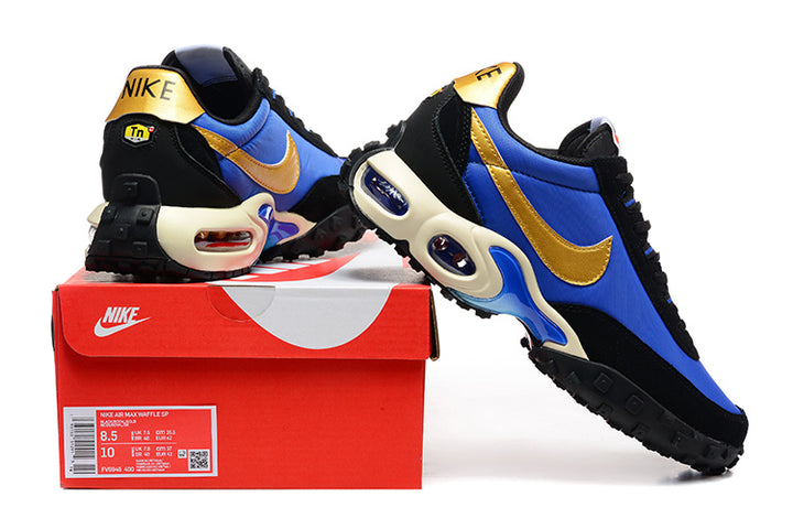 Blue, black, and gold Nike Air Max Waffle SP sneakers displayed with a Nike shoe box; the box label shows a sample size.