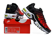 Nike Air Max Plus red and black sneakers displayed with a Nike shoe box; label shows US sizes 8.5 and 10 and EU sizes 42.5 and 44.