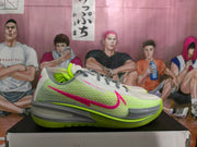 Side view of a Nike Sabonis PE basketball shoe in white, gray, pink and volt green