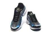 Front and top views of the Nike Air Max Plus VII sneakers, showing black laces and blue-and-white patterned uppers.