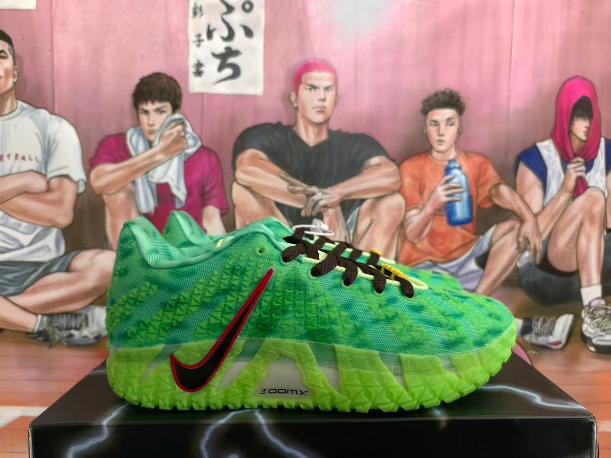 Side view of green Nike basketball sneaker with black-and-red Swoosh, black laces, and translucent green outsole.