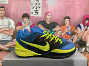 Side view showing the Swoosh logo, blue and black upper, and bright yellow-green accents