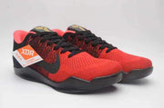 Pair of red and black Nike Kobe 11 shoes shown from a front three-quarter angle.