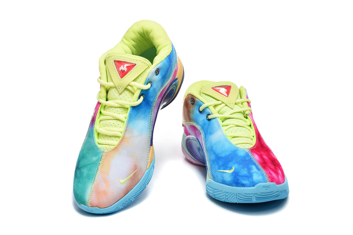 Pair of multicolor low-top basketball shoes with neon-yellow collars and laces, blue outsoles, and contrasting panels.