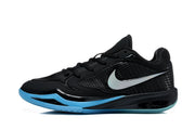 Side view of a black low-top basketball shoe with a silver Swoosh and blue outsole trim