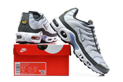 Nike Air Max Plus sneaker beside its box; the label shows a sample size.