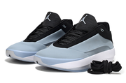 Blue gray Jordan 40 shoes with black tongues and laces, shown from the front.