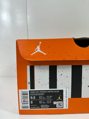 Close-up of the shoebox label showing WMNS Air Jordan 3 Retro OG SP, color text, style code FZ7974 300, and size information.