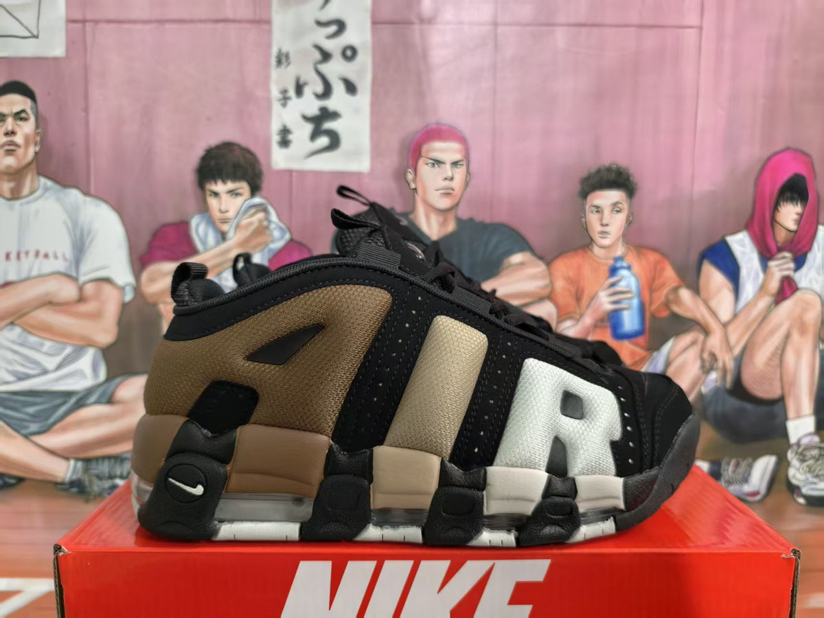 Side view of black, brown, and light neutral Nike basketball sneakers with oversized AIR lettering.