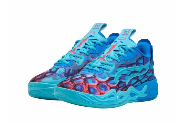 Pair of blue Jordan basketball sneakers with a multicolor patterned upper, blue laces, padded collars, and sculpted blue outsoles.