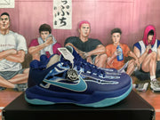 Side profile of a dark blue Nike basketball sneaker with light blue swoosh, graphic upper, and translucent outsole.