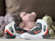 Two gray, white, and red high-top sneakers shown together from a front three-quarter view.