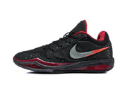 Side profile of a black Nike basketball shoe with silver and red Swoosh detailing
