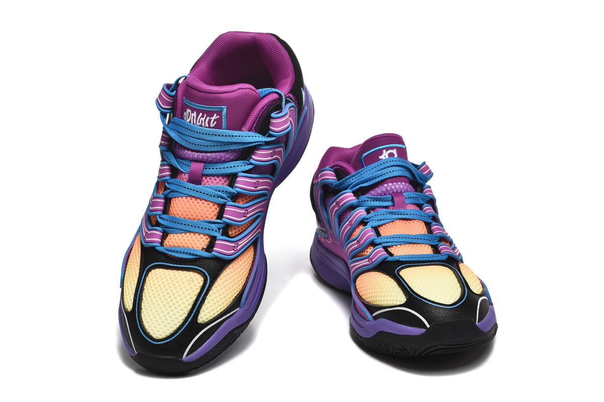 Pair of purple Nike KD basketball shoes shown from the front with blue laces and contrasting panels.