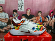Side profile of a Nike Ja 1 basketball shoe with colorful patterned overlays and visible Nike Ja 1 branding.