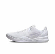 All-white Kobe 8 sneaker with tonal Swoosh and heel branding.