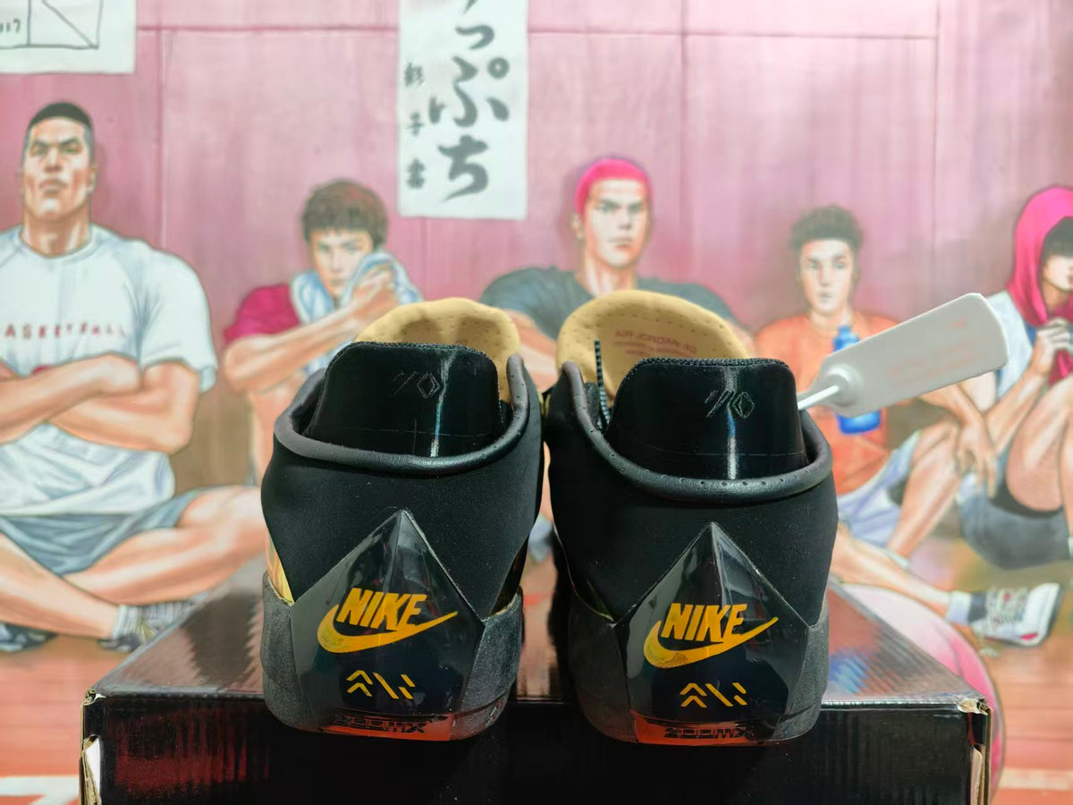 Rear view of black and metallic-gold Jordan basketball shoes with gold heel logos