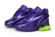Pair of deep purple Nike KD 19 basketball shoes, shown from the front and side.