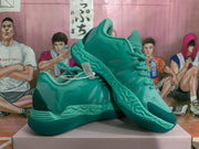 Pair of blue-green basketball sneakers shown from angled side and top views.