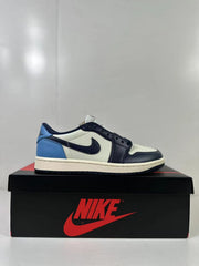 Side profile showing the low-top shape, dark Swoosh, blue heel panel, and off-white midsole.