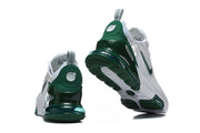 Rear and outsole views of the Nike Air Max 270 sneakers in white and dark green.
