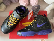 Top and side view of the pair showing the ankle straps, yellow laces, purple lining and textured upper.
