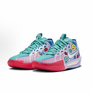 Pair of teal and pink Nike basketball sneakers with colorful graphic details.