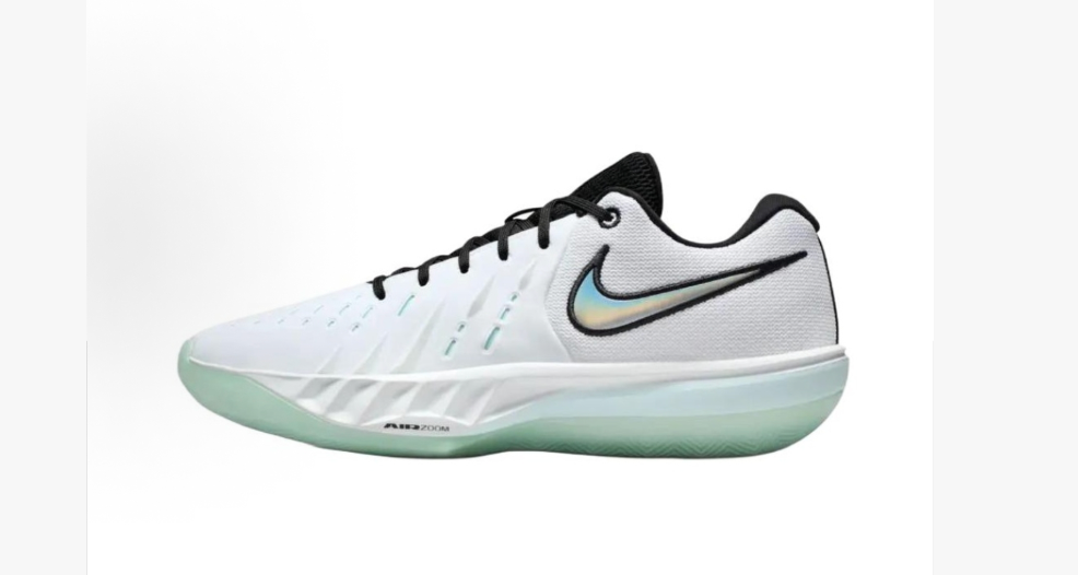 Side view of white Nike basketball sneakers with black laces and trim, a pale green translucent outsole, and a contrasting Swoosh