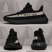 Collage showing side, front, and rear views of the black SPLY-350 sneaker.