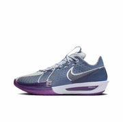 Side view of a blue and purple Nike GT Cut 3 sneaker with a white Swoosh and purple outsole.