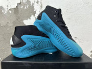 Pair of black and blue adidas high-top shoes shown at an angle