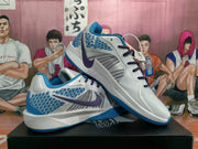 Pair of blue and white Nike sneakers displayed together, showing the low-cut shape, dark purple laces and blue outsole.