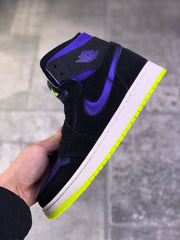 Angled side view of the black and purple high-top sneaker with a white midsole and bright volt outsole.