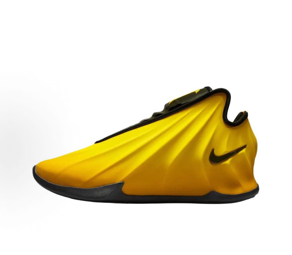 Side view of a yellow and black Nike sneaker with a sculpted upper, black sole, and visible Swoosh logo.
